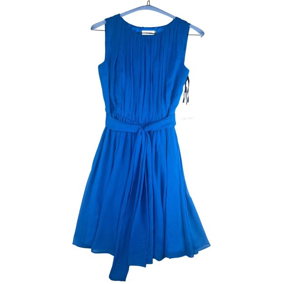 Calvin Klein Blue Sleeveless Pleated A-Line Dress With Belt Size 4 - Picture 10 of 11